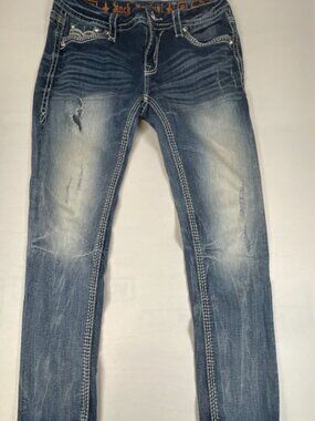 Rock Revival Jeans Womens 30 Blue Fay Easy Cuff Skinny Embellished Pocket